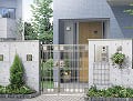 東京都大田区の門まわり施工例でコンクリート打ちっぱなしの門袖に緑の植栽を組み合わせ。ステンカラーの門扉