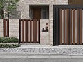 東京都世田谷区の外構門まわりで茶色系のベースに白い縦ラインが入ったデザイン性ある門扉
