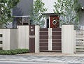 東京都大田区でブラウン色のベースに白い横ラインのスリットが入ったデザインの門扉・両側の門袖は白系ですっきりさせました