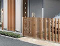 世田谷区の外構工事の施工例で機能門柱を玄関前に建て、玄関横に角材で目隠しをした例